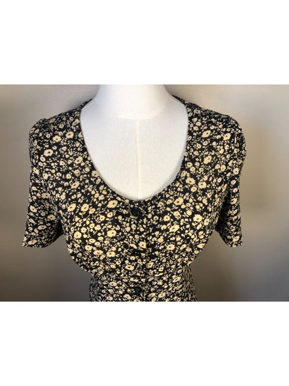 VTG All That Jazz Black & Tan Floral Chiffon A-Line Midi Dress 90s Cottagecore S - Picture 2 of 10